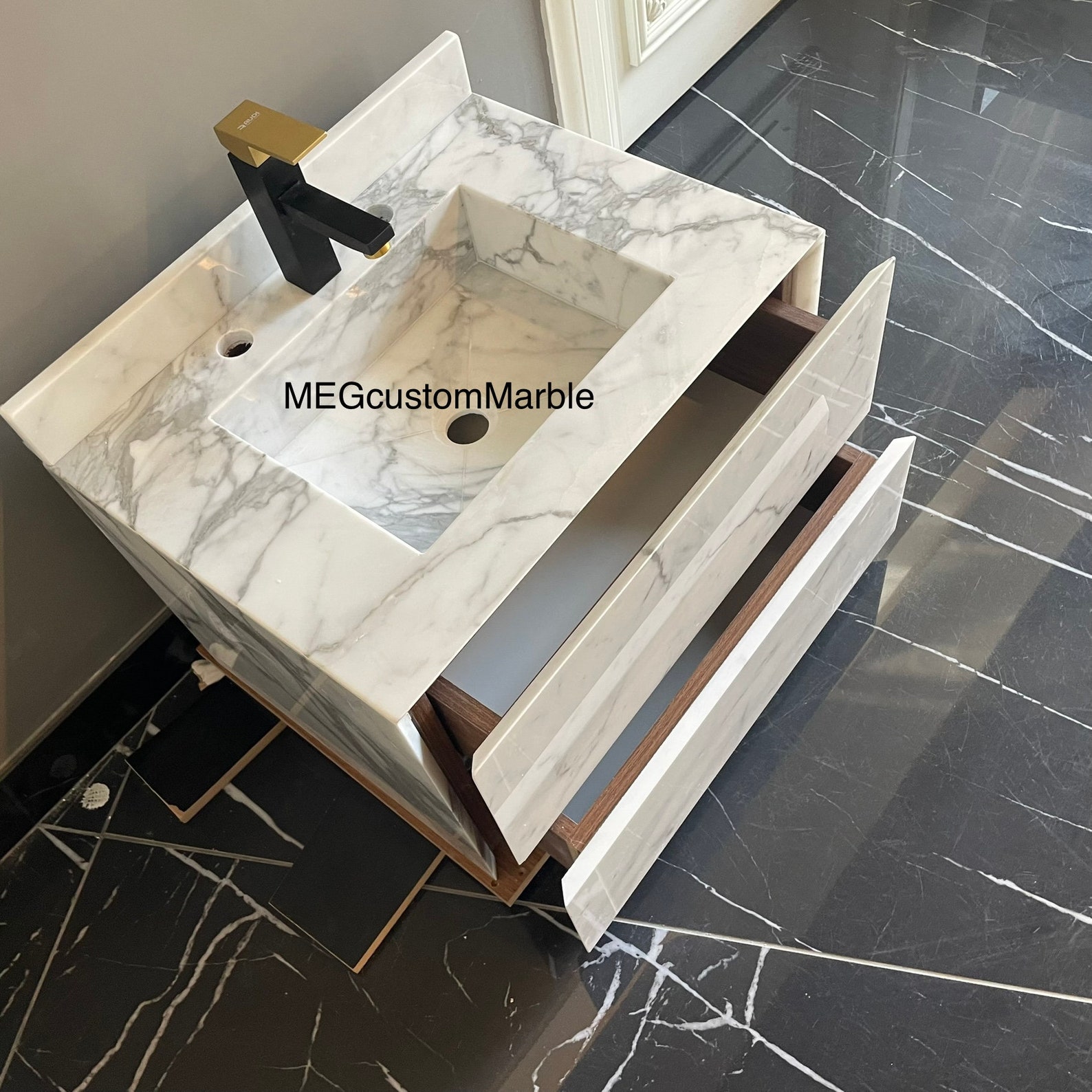 Wall Mount Carrara Marble Vanity With Marble Drawers, Carrara Marble Sink Customizable