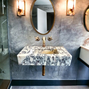 Wall Mount Calacatta Viola Marble Sink Basin, Powder Room Handmade Marble Sinks Vanity Bathroom and Kitchen Washbasin, Custom Rectangle Sink