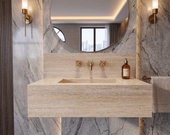 Lavabo da bagno rettangolare su misura in travertino, da installare a parete: mobile bagno moderno in pietra