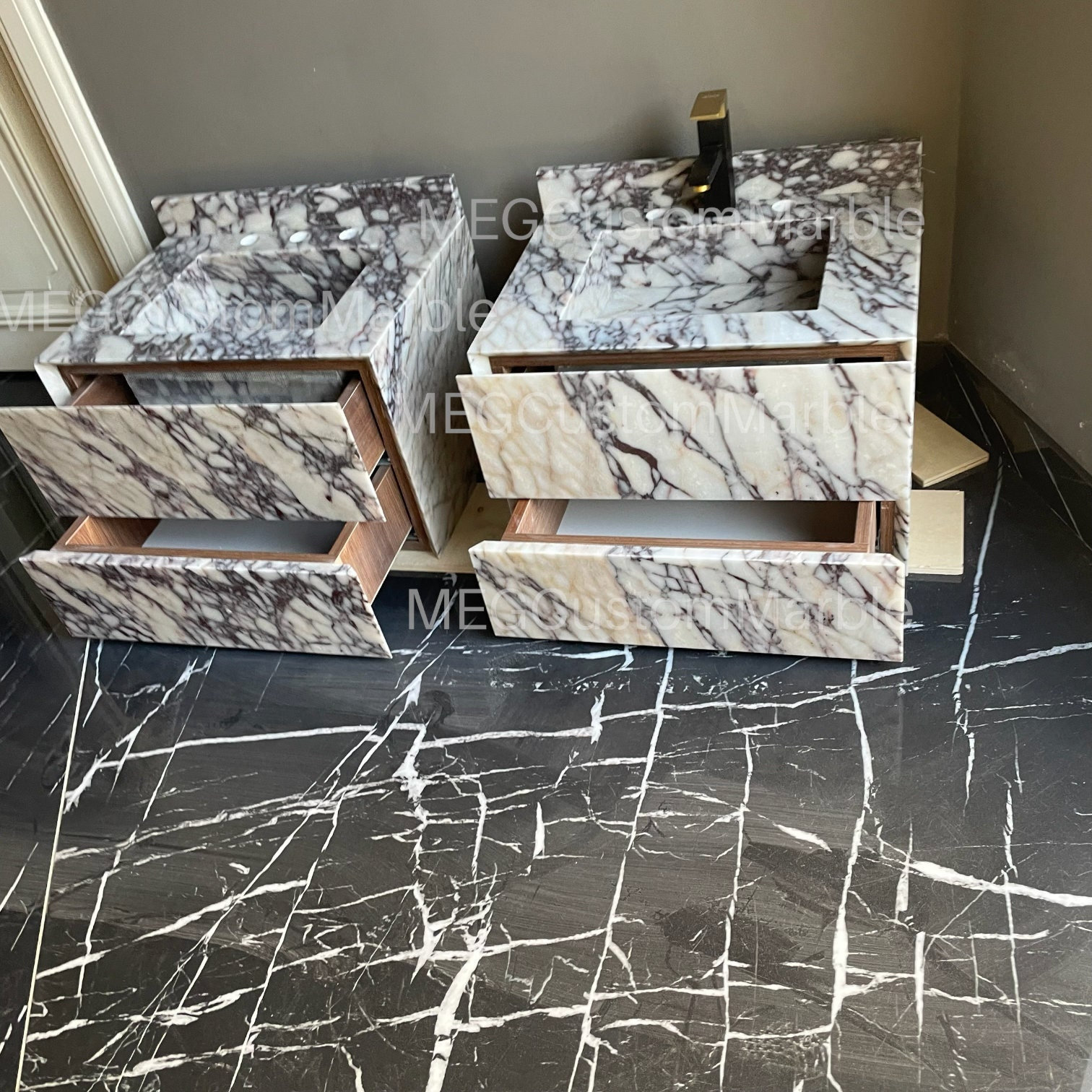 Calacatta Viola Marble Sink Vanity, Wall Mount, Two-Drawer Bathroom Furniture