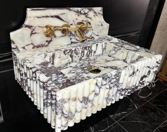 Calacatta Marble Sink Full Ribbed All on Sides, Custom Order Rectangular Viola Marble Sink and Backsplash, Calacatta Viola Bathroom Vanity