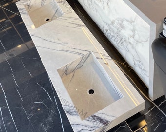 Lilac Marble Double Sink Vanity, Wall Mounted Bathroom Sink, 72 Inch