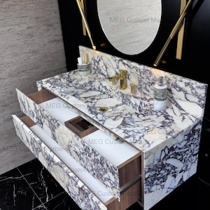 Modern Floating Marble Vanity, Custom Powder Room Sink, Wall/Deck Mount Faucet, Storage Marble Drawers, Integrated Sink