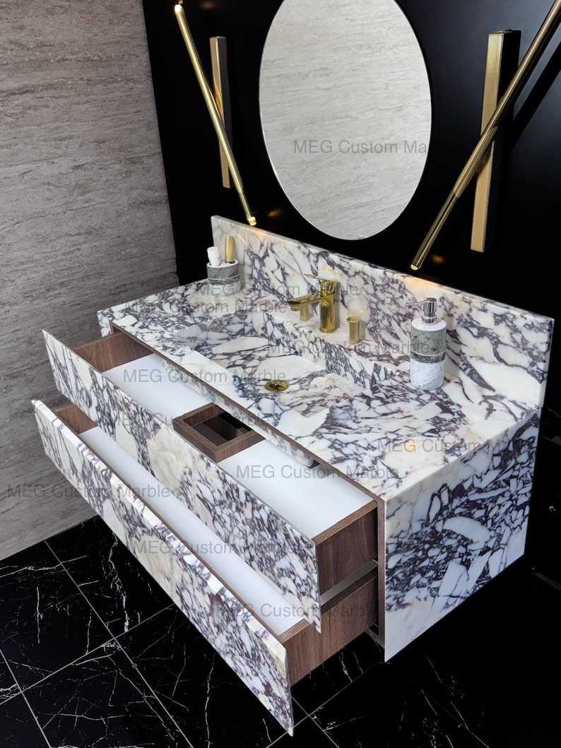 Modern Floating Marble Vanity, Custom Powder Room Sink, Wall/Deck Mount Faucet, Storage Marble Drawers, Integrated Sink