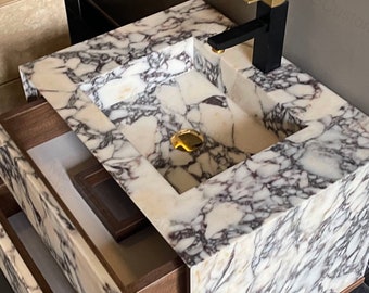 Calacatta Marble Wall Mount Vanity Sink: 2-Drawer Powder Room Washbasin