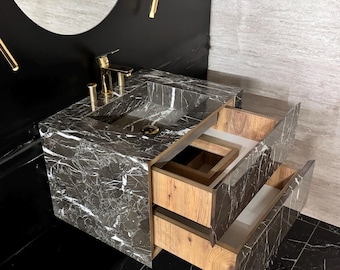 Black Marble Wall Mounted Vanity Sink: Modern Bathroom Floating Vanity