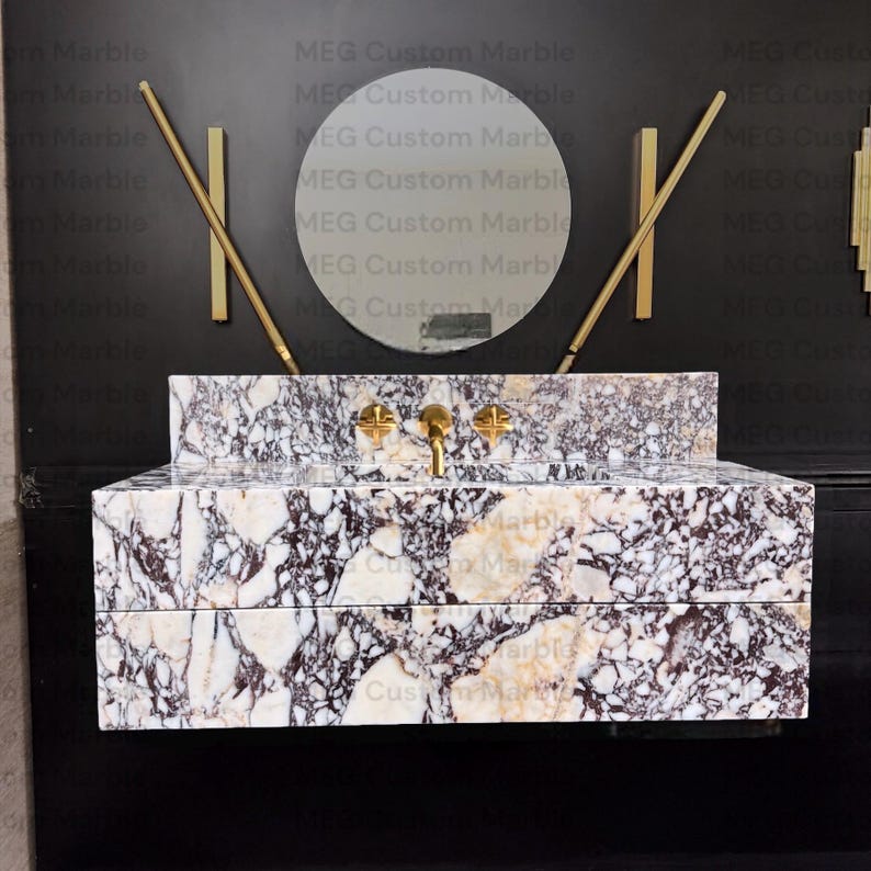 Modern Floating Marble Vanity, Custom Powder Room Sink, Wall/Deck Mount Faucet, Storage Marble Drawers, Integrated Sink