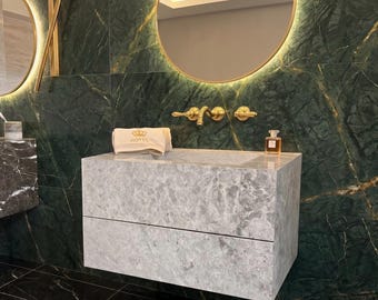 Double Drawer Vanities Gray Marble Sink, Custom Order Floating Vanity with Single Sink