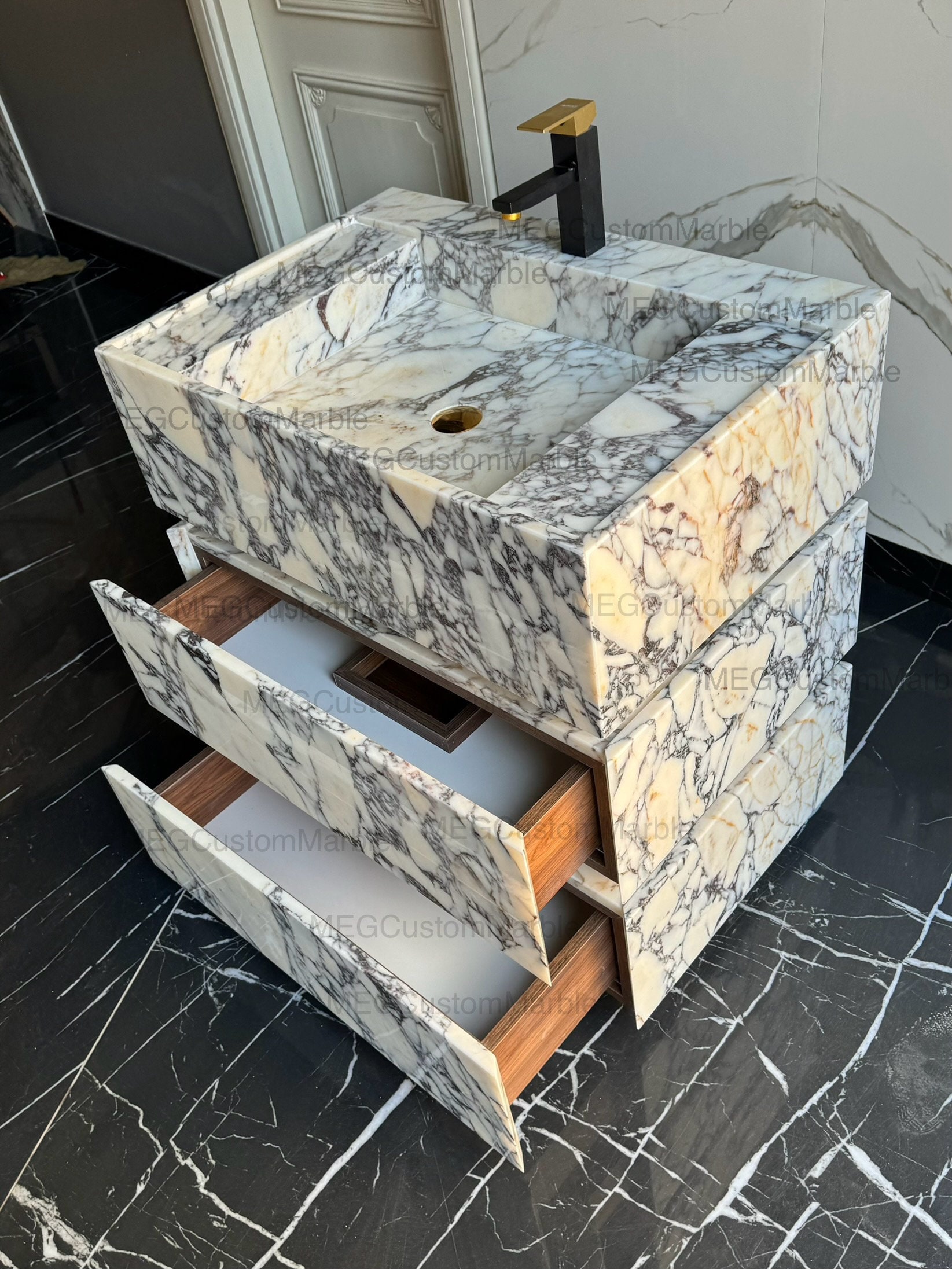 Bathroom Marble Sink Vanity Under Storage Drawers, Bespoke Marble Sink ...