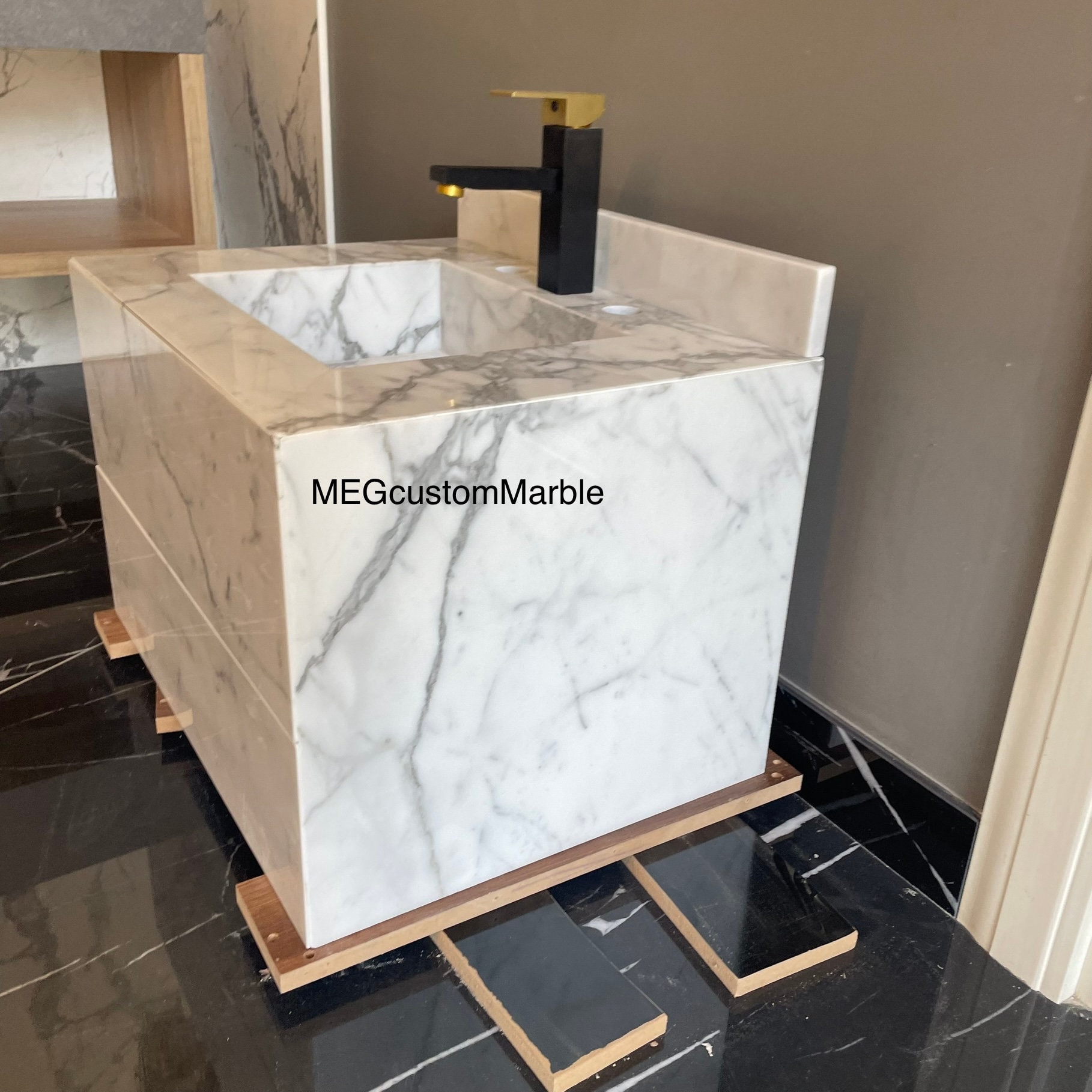 Wall Mount Carrara Marble Vanity With Marble Drawers, Carrara Marble Sink Customizable
