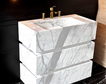 White Carrara Marble Vanity: Freestanding Bathroom Sink with Soft-Close Drawers