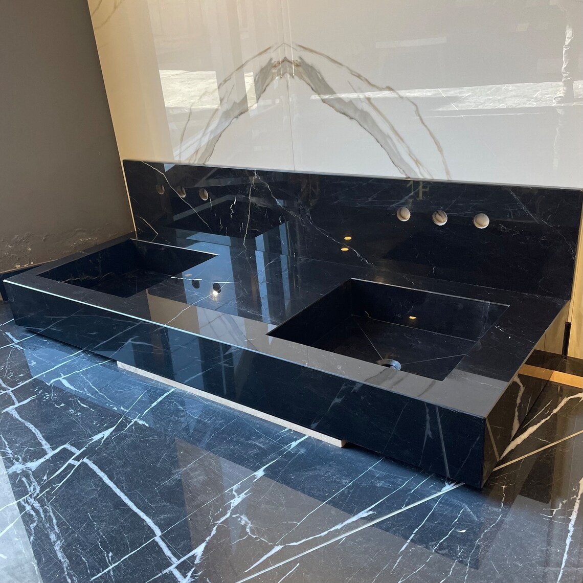 Wall Mounted Black Marble Double Sink,customized Bathroom Vanity Sink ...