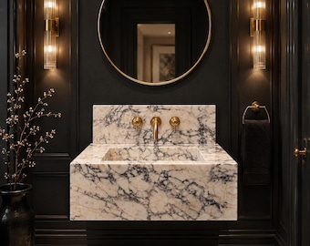Lavabo de mármol Calacatta Viola hecho a mano, lavabo de pared con nervaduras