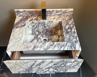 Calacatta Viola Marble Wall Mounted Vanity Sink with Drawer