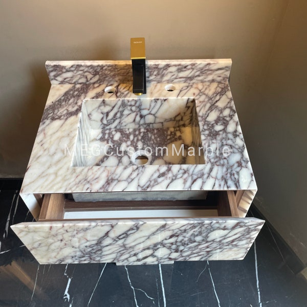 Viola Marble Wall Mounted Vanity sink with  drawer, Functional Marble Drawers Vanity Cabinet, Calacatta Marble Sink Customizable Dimensions