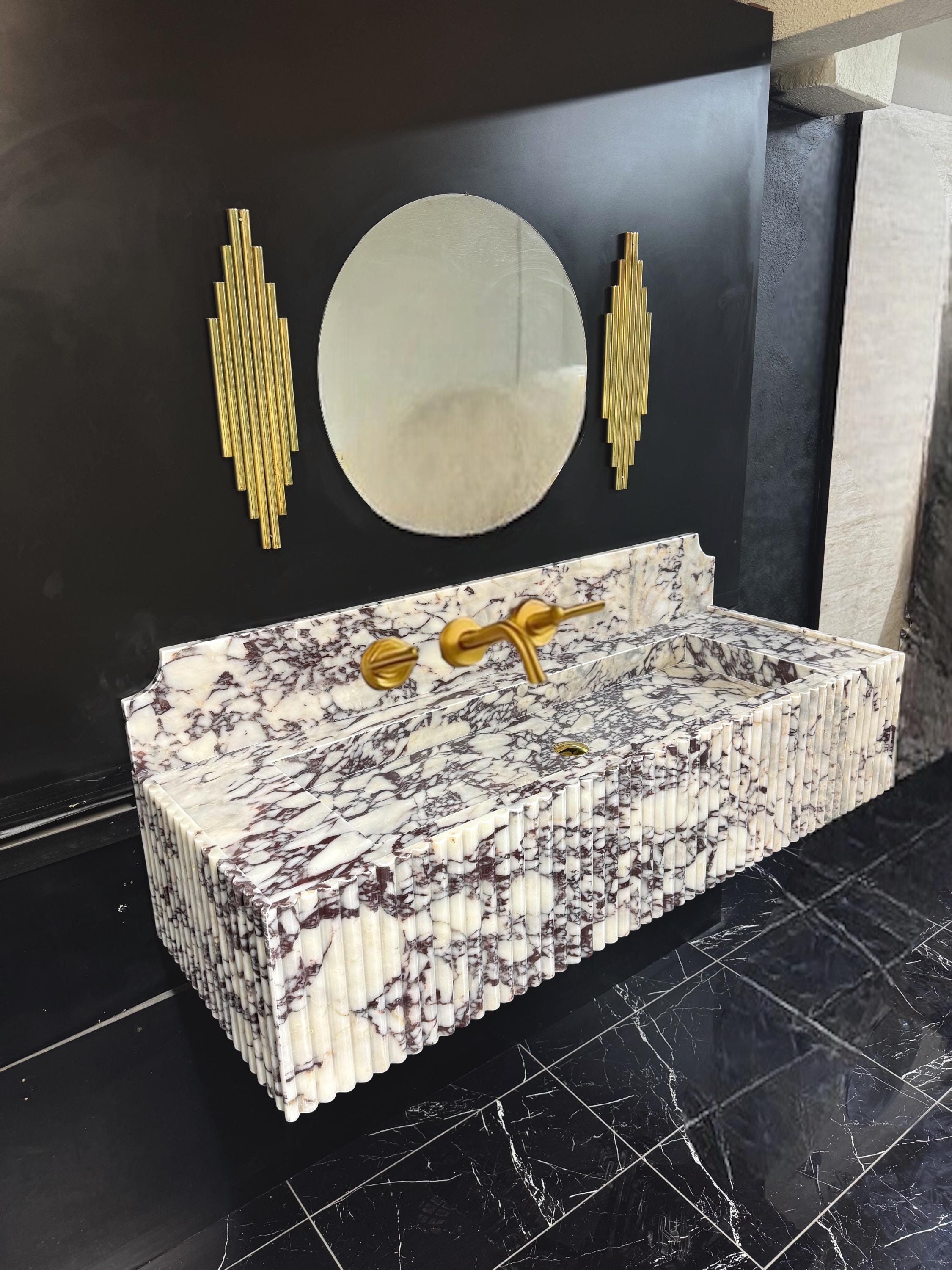 Calacatta Viola Marble Wall-mounted Sink: Ribbed Fluted Vanity, 48