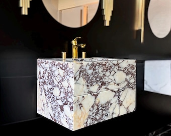 Wall Mount Viola Marble Vanity Cabinet, Functional Marble Drawers,