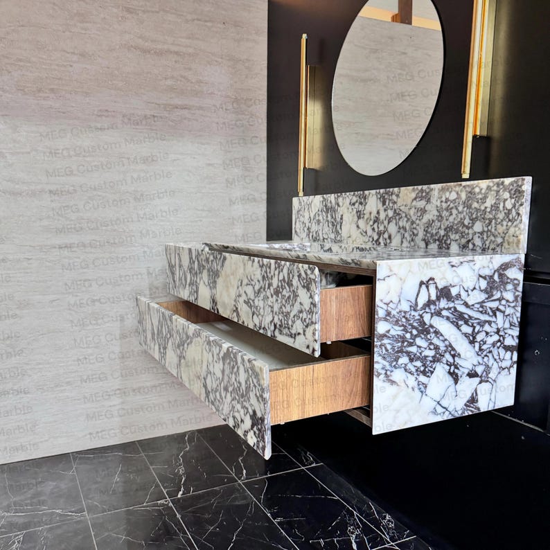 Modern Floating Marble Vanity, Custom Powder Room Sink, Wall/Deck Mount Faucet, Storage Marble Drawers, Integrated Sink