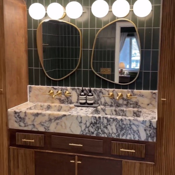 Bathroom Marble Double Sink Vanity Lux interior, Wall hung double stone sink wash basin, High Quality Purple Vein Viola Marble Sink Handmade