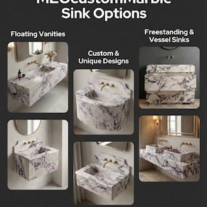 Modern Floating Marble Vanity, Custom Calacatta Viola Sink, Powder Room Decor image 7