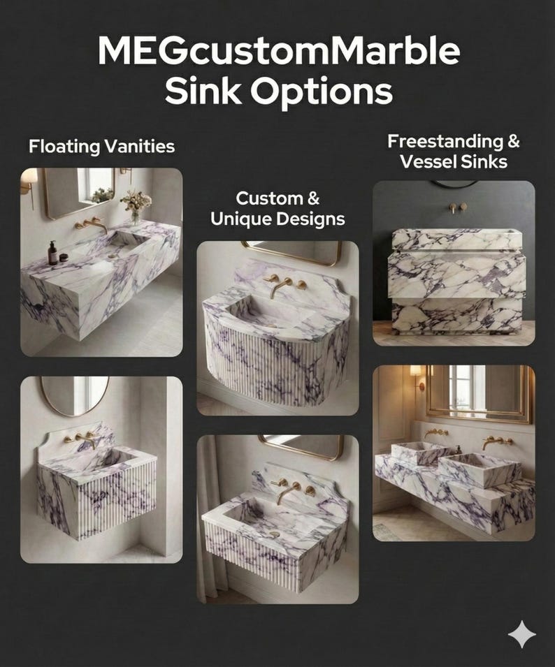 Modern Floating Marble Vanity, Custom Calacatta Viola Sink, Powder Room Decor image 7