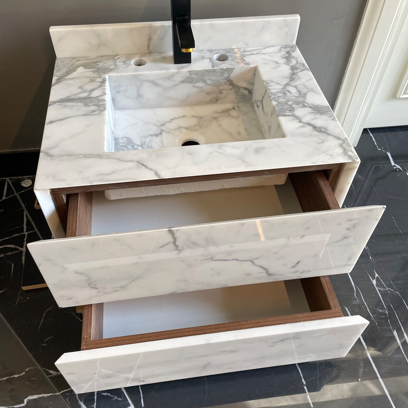 Wall Mount Carrara Marble Vanity With Marble Drawers, Carrara Marble Sink Customizable