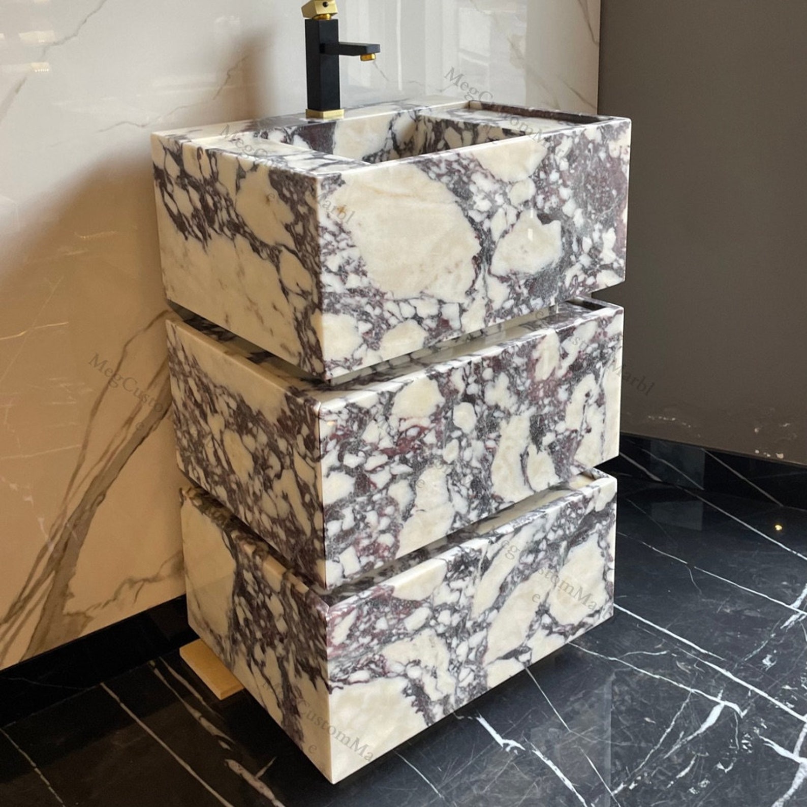Marble Sink Vanity Freestanding and Drawers With Calacatta Marble Basin ...