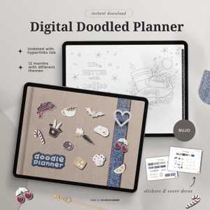 May include: A digital planner with a brown background and a variety of stickers. The planner is open to a page with a doodle of a coffee cup and the text "Life is better with coffee". The planner also includes a variety of other doodles, such as a bat, a heart, a carrot, and a cupcake.