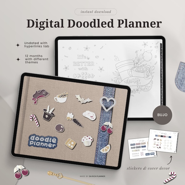 Doodle Digital Planner, Undated Bullet Journal, Hyperlinked (Digital Download)