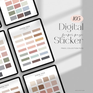 May include: A digital planner sticker set with 105 different paper page sticky notes in various colours and textures. The sticky notes are displayed on a tablet screen. The text "105 Digital paper page Sticker" is displayed on the right side of the image.