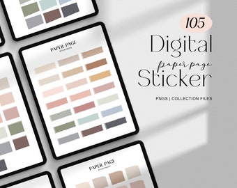 Può includere: Un set di adesivi digitali per planner con 105 diverse note adesive di pagina di carta in vari colori e trame. Le note adesive sono visualizzate sullo schermo di un tablet. Il testo "105 Digital paper page Sticker" è visualizzato sul lato destro dell'immagine.