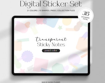May include: A digital sticker set with 315 transparent sticky notes in pastel colors. The notes are in various shapes, including stars, hearts, and rectangles. The text "transparent Sticky Notes" and "pastel color" is displayed on the image.