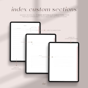Peut inclure: Trois pages de planificateur num&eacute;rique sur un fond blanc. Les pages sont intitul&eacute;es "INDEX", "SOUS-SECTION" et "LI&Eacute; &Agrave; D'AUTRES SOUS-SECTIONS". Les pages sont con&ccedil;ues pour aider les utilisateurs &agrave; acc&eacute;der rapidement aux 15 sections principales et aux 10 sous-sections &agrave; partir de la page d'index enti&egrave;rement hyperli&eacute;e et des s&eacute;parateurs de sections.
