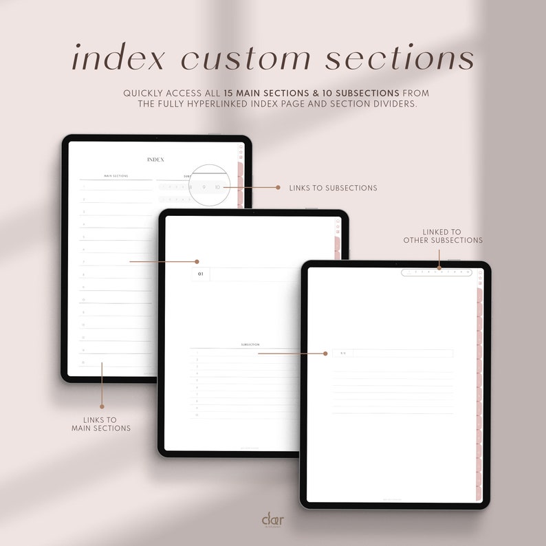 Peut inclure: Trois pages de planificateur num&eacute;rique sur un fond blanc. Les pages sont intitul&eacute;es "INDEX", "SOUS-SECTION" et "LI&Eacute; &Agrave; D'AUTRES SOUS-SECTIONS". Les pages sont con&ccedil;ues pour aider les utilisateurs &agrave; acc&eacute;der rapidement aux 15 sections principales et aux 10 sous-sections &agrave; partir de la page d'index enti&egrave;rement hyperli&eacute;e et des s&eacute;parateurs de sections.