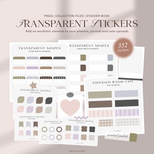 Peut inclure: Un ensemble de 352 autocollants transparents pour planificateurs et journaux. Les autocollants présentent diverses formes, motifs et designs de ruban washi dans une palette de couleurs neutres. Les autocollants sont organisés en catégories, notamment "Formes transparentes" et "Ruban washi à motifs".