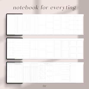 Peut inclure: Trois mises en page de carnet diff&eacute;rentes avec des bordures noires. La premi&egrave;re mise en page a un motif de grille, la deuxi&egrave;me a un motif lign&eacute; et la troisi&egrave;me a une combinaison de mises en page de grille, lign&eacute;es et de calendrier. Le texte "notebook for everything" est en haut de l'image.