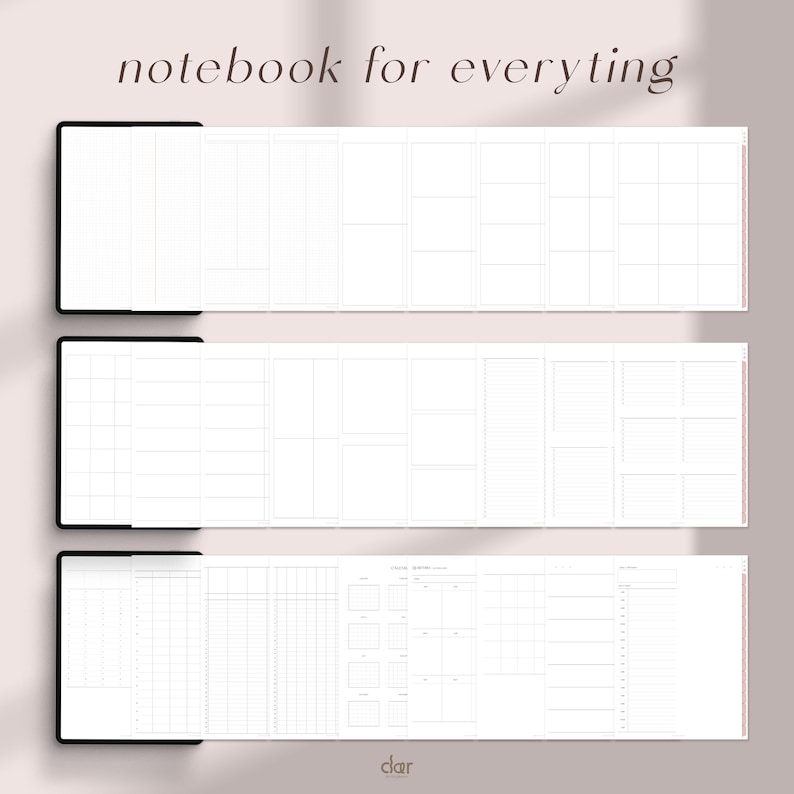 Peut inclure: Trois mises en page de carnet diff&eacute;rentes avec des bordures noires. La premi&egrave;re mise en page a un motif de grille, la deuxi&egrave;me a un motif lign&eacute; et la troisi&egrave;me a une combinaison de mises en page de grille, lign&eacute;es et de calendrier. Le texte "notebook for everything" est en haut de l'image.