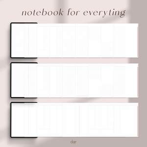 Peut inclure: Trois pages blanches avec des lignes noires et une bordure noire. Les pages sont divis&eacute;es en sections avec des colonnes de diff&eacute;rentes tailles. Le texte "notebook for everything" est en haut de l'image. Le texte "clar" est en bas de l'image.