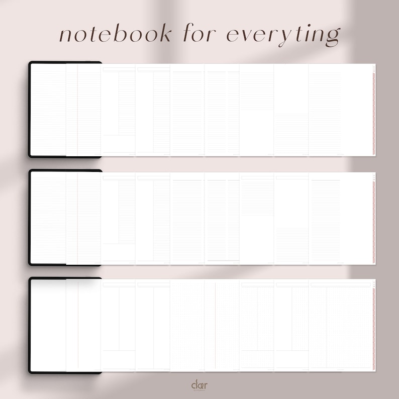 Peut inclure: Trois pages blanches avec des lignes noires et une bordure noire. Les pages sont divis&eacute;es en sections avec des colonnes de diff&eacute;rentes tailles. Le texte "notebook for everything" est en haut de l'image. Le texte "clar" est en bas de l'image.