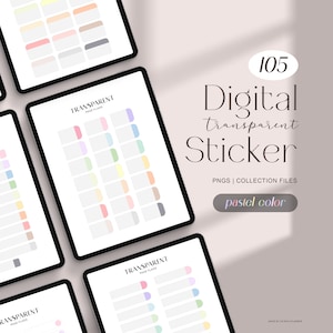 以下が含まれることがあります： パステルカラーの透明なページフラグが105個入ったデジタルプランナー用ステッカーセット。ステッカーはデジタルタブレットの画面に表示されています。画面には「TRANSPARENT PAGE FLAGS」というテキストが表示されています。