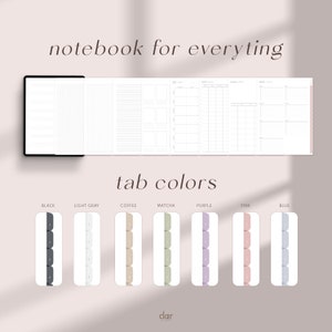 Peut inclure: Un carnet avec des onglets de diff&eacute;rentes couleurs pour l'organisation. Les onglets sont noirs, gris clair, caf&eacute;, matcha, violet, rose et bleu. Le carnet est ouvert sur une page avec un motif quadrill&eacute;. Le texte "notebook for everything" est en haut de l'image. Le texte "tab colors" est sous le carnet. Le texte "clar" est en bas de l'image.