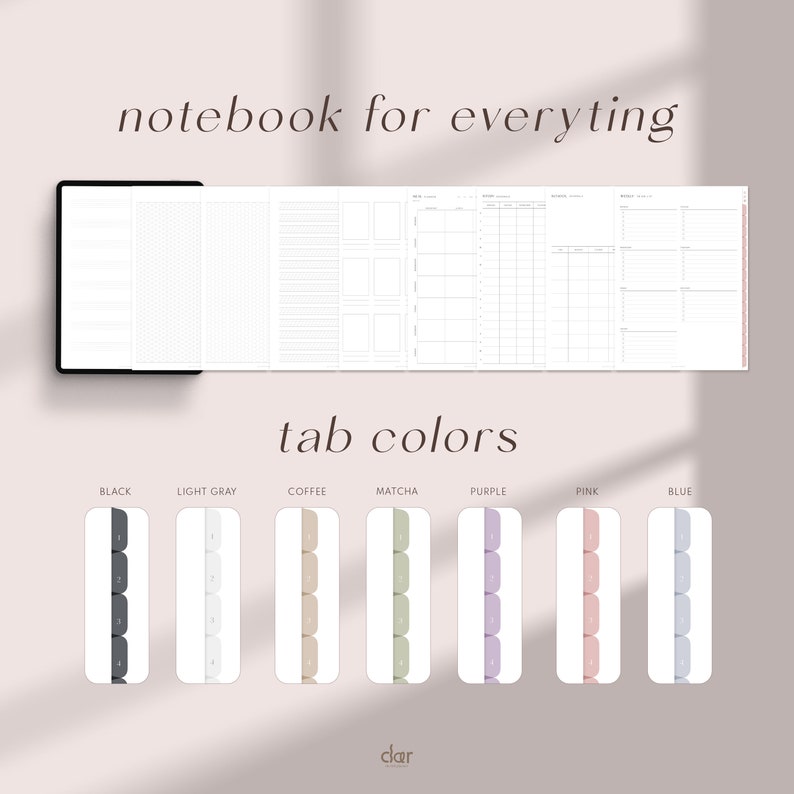 Peut inclure: Un carnet avec des onglets de diff&eacute;rentes couleurs pour l'organisation. Les onglets sont noirs, gris clair, caf&eacute;, matcha, violet, rose et bleu. Le carnet est ouvert sur une page avec un motif quadrill&eacute;. Le texte "notebook for everything" est en haut de l'image. Le texte "tab colors" est sous le carnet. Le texte "clar" est en bas de l'image.