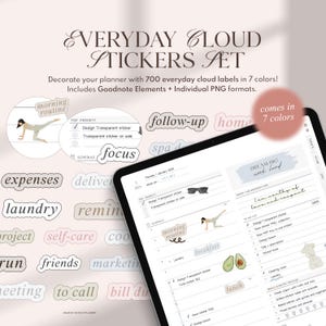 May include: A set of 700 colorful cloud-shaped planner stickers with various phrases and illustrations. The stickers include phrases like "morning routine", "follow-up", "expenses", "laundry", "self-care", "friends", "to call", "bill due", and "dream big, work hard". The stickers are designed for use in a planner or journal.