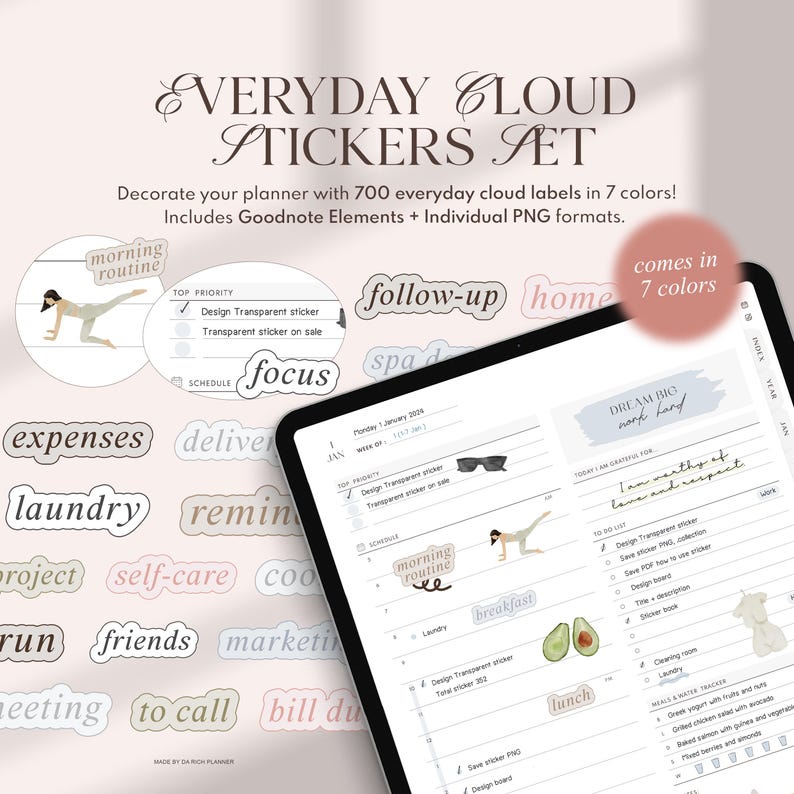 Everyday Cloud Digital Stickers Pack for Goodnote & Notability, Minimal daily stickers for digital planning, Journals stickers, PNGs