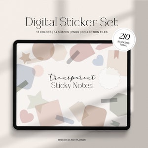 May include: A digital sticker set with 210 transparent sticky notes in various shapes and colors. The notes are displayed on a tablet screen. The text "transparent Sticky Notes" is visible on the screen.