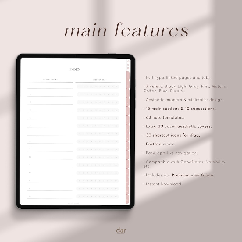 Peut inclure: Un planificateur num&eacute;rique avec un fond blanc et une grille grise. Le planificateur comprend 15 sections principales et 10 sous-sections. Il comprend 63 mod&egrave;les de notes, 30 couvertures esth&eacute;tiques et 30 ic&ocirc;nes de raccourci pour iPad. Le planificateur est compatible avec GoodNotes et Notability. Il comprend &eacute;galement un guide utilisateur premium et est disponible en t&eacute;l&eacute;chargement instantan&eacute;.