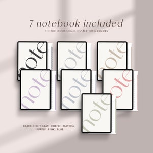 Peut inclure: Sept couvertures de carnet num&eacute;rique dans diff&eacute;rentes couleurs, notamment noir, gris clair, caf&eacute;, matcha, violet, rose et bleu. Le texte "note" est affich&eacute; sur chaque couverture. Le texte "7 carnets inclus" et "LE CARNET EST DISPONIBLE EN 7 COULEURS ESTH&Eacute;TIQUES" est affich&eacute; en haut de l'image.