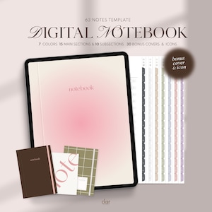 May include: A digital notebook template with 63 notes, 7 colours, 15 main sections, 10 subsections, and 30 bonus covers and icons. The template is displayed on a tablet screen with a pink gradient background. The text "notebook" is displayed on the screen. The template also includes a variety of bonus covers and icons.