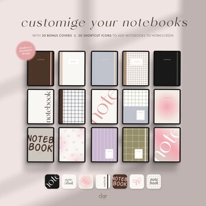 Peut inclure: Une collection de 30 couvertures de carnets personnalisables avec un design moderne et minimaliste. Les couvertures pr&eacute;sentent divers motifs, notamment du plaid, des rayures et des n&oelig;uds. Le texte "NOTEB BOOK" et "note" figure sur certaines des couvertures.