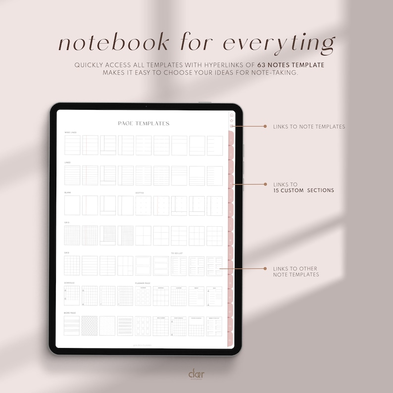 Peut inclure: L'&eacute;cran d'une tablette num&eacute;rique affiche une page de mod&egrave;les de pages de carnet. Les mod&egrave;les sont organis&eacute;s en grille et comprennent divers agencements pour la prise de notes, tels que des pages lign&eacute;es, quadrill&eacute;es et vierges. Le texte "PAGE TEMPLATES" est en haut de l'&eacute;cran. La tablette est sur un fond blanc.